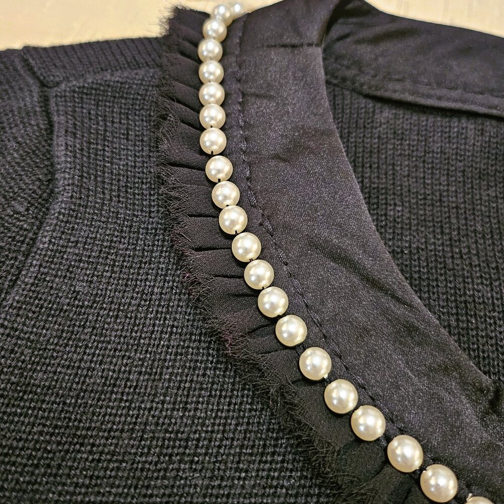 WHBM ELEGANT BLACK CARDIGAN w/ WHITE PEARL & BLACK RUFFLE POCKET & CUFF ACCENTS - Picture 7 of 16